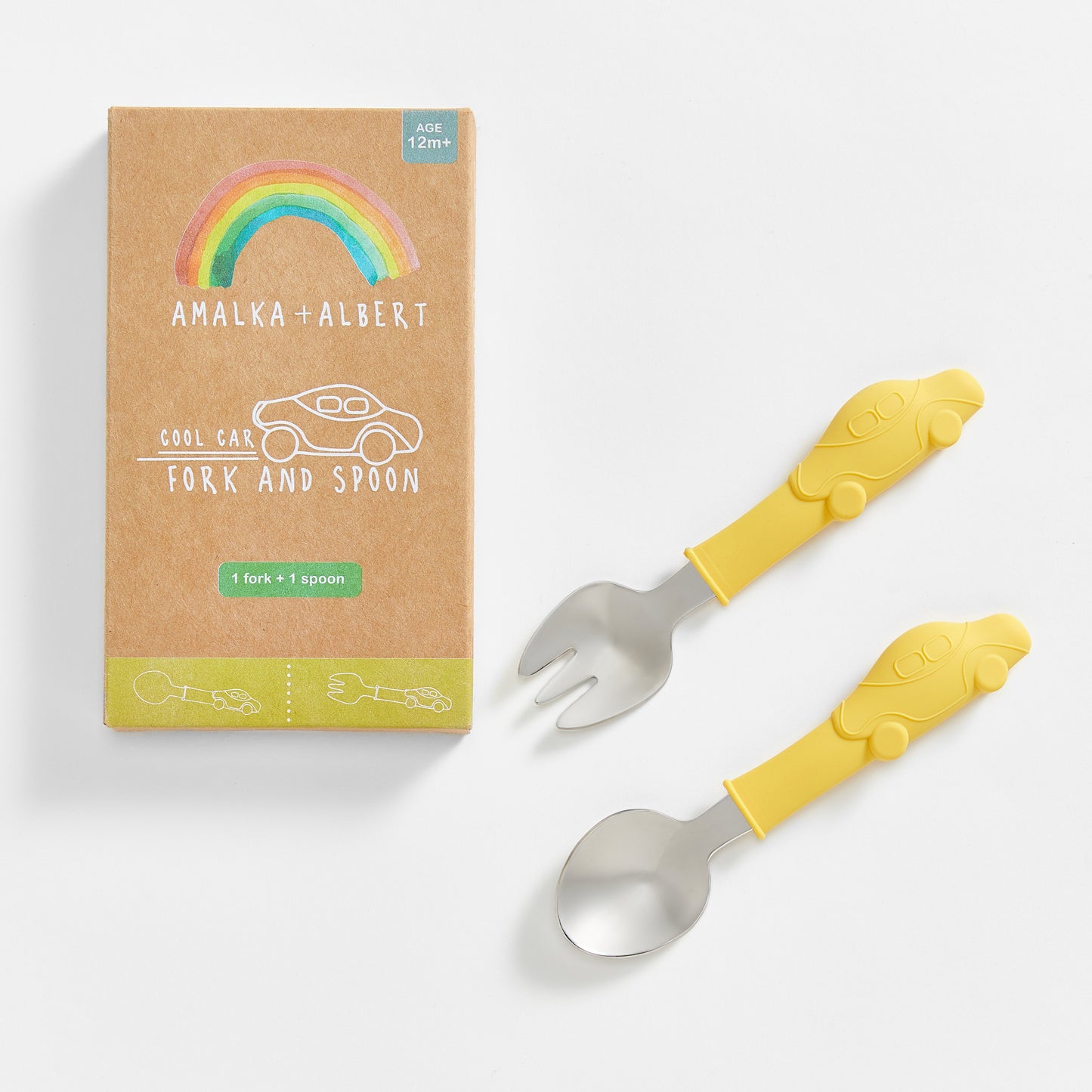 CAR DESIGN FORK AND SPOON UTENSIL SET FOR TODDLERS AND KIDS. ECO FRIENDLY PACKAGING.